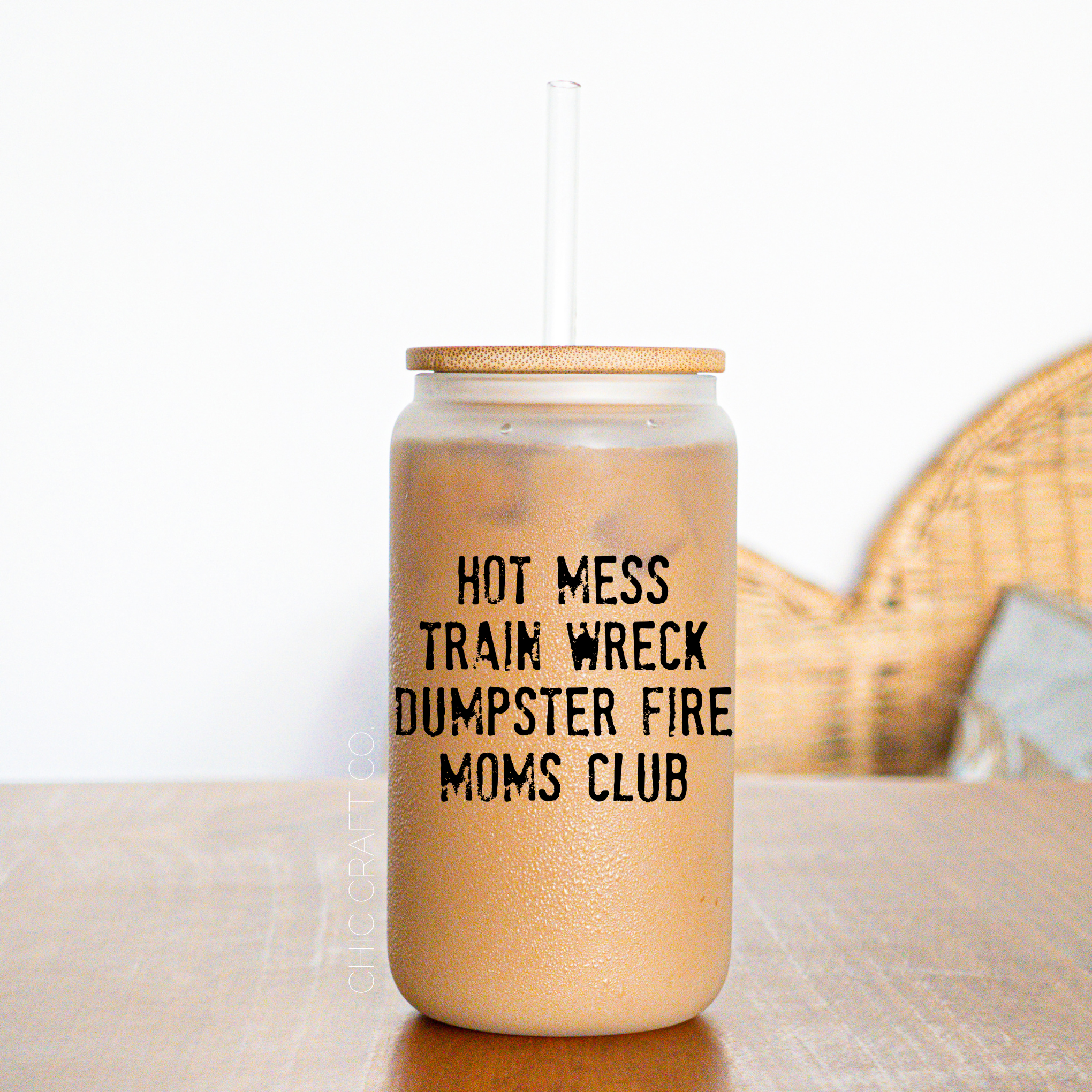 Hot Mess Dumpster Fire Moms Club Frosted Glass Tumbler